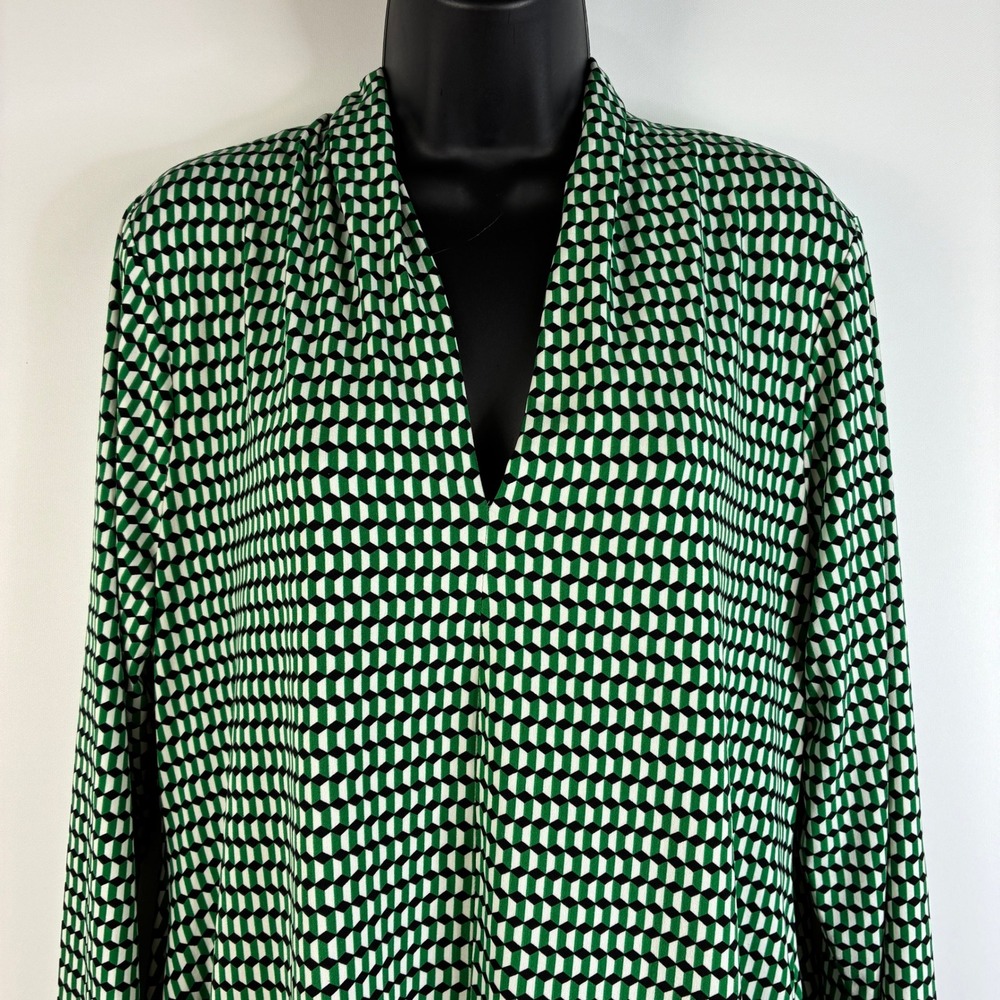 CHAUS New York Women's XL Geometric Print V Neck Tunic Top Green Black White